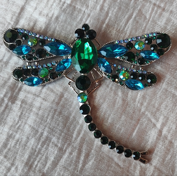 Rhinestone Oversized Huge Dragonfly Brooch Pendant Emerald Green Aqua Silver NEW - Picture 1 of 6